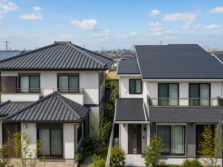 瓦屋根とスレート屋根の家並み